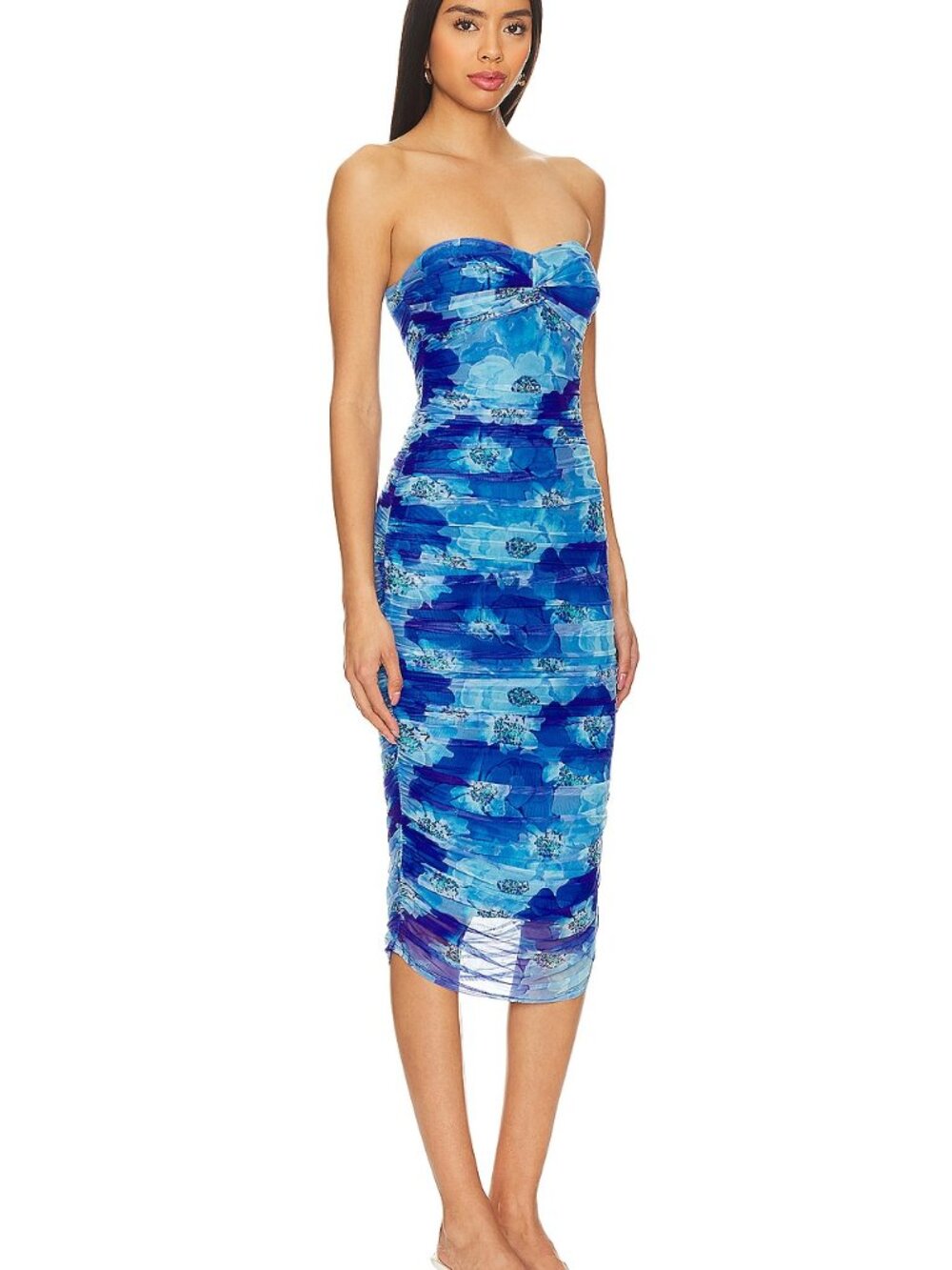 MORE TO COME Micayla Ruched Dress in Blue Floral strapless bodycon - Picture 3 of 5